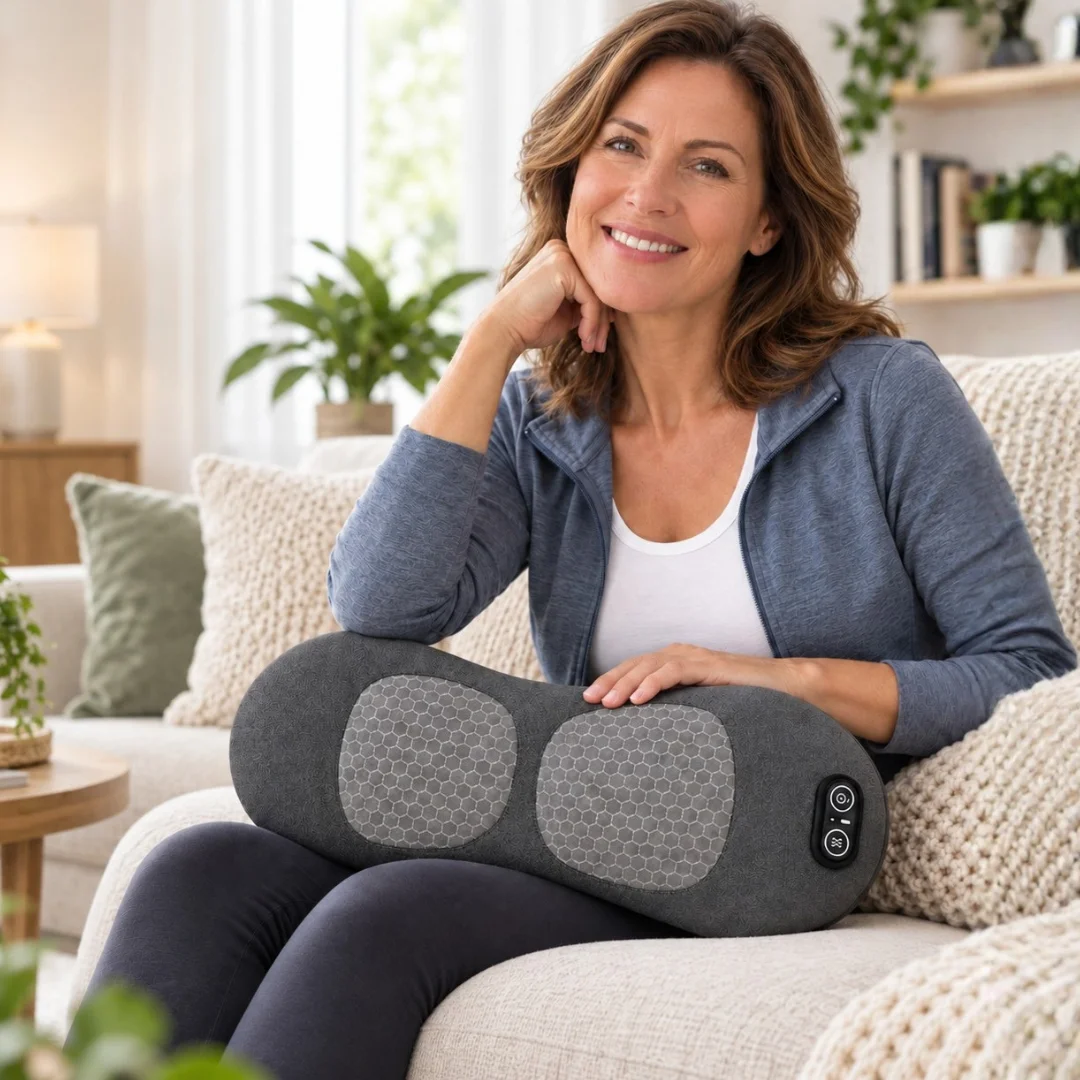 Woman relaxing on a sofa while using the Kizu Spine Adjust massager
